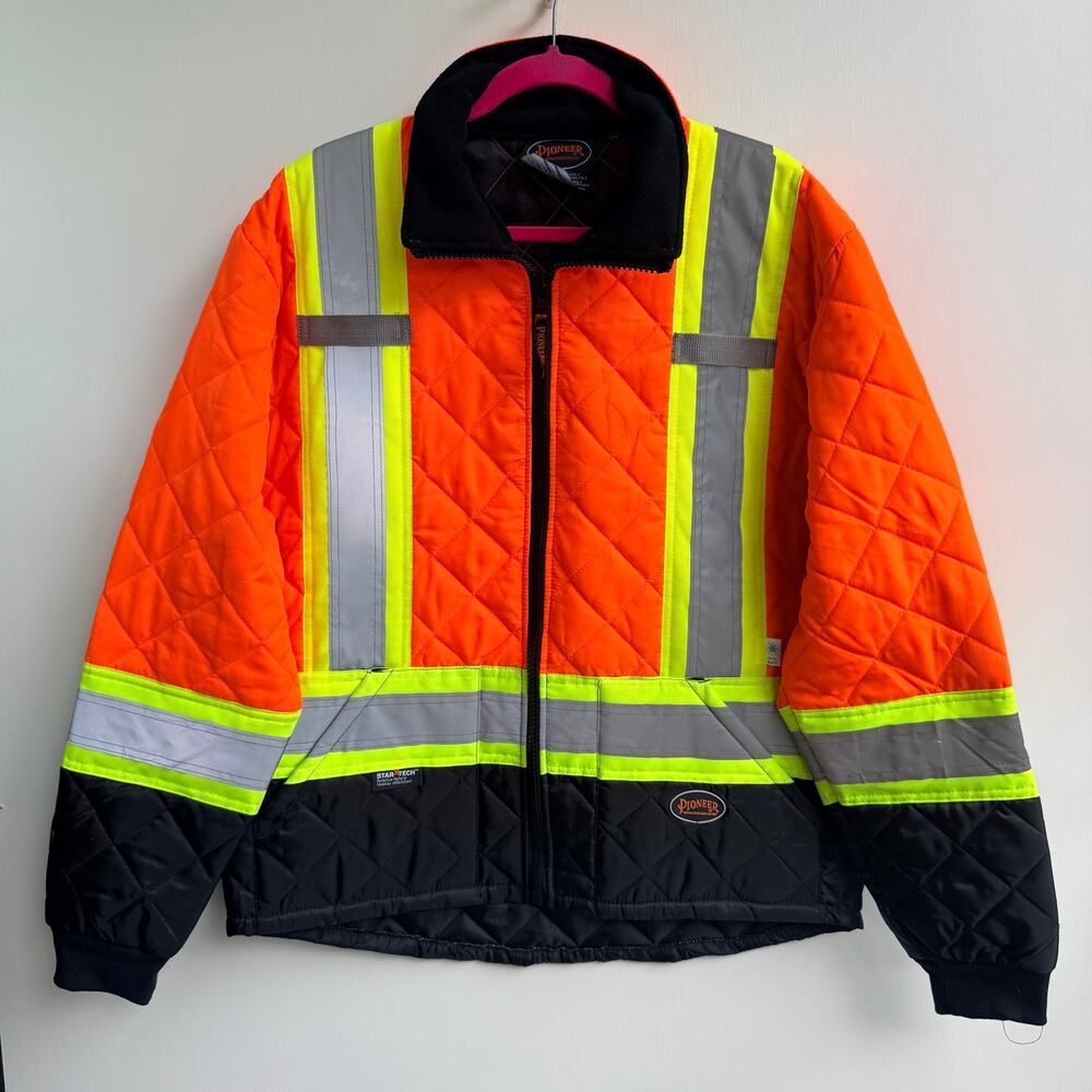 Pioneer XL Hi-Vis Quilted Freezer Safety Jacket Orange Black Reflective Workwear